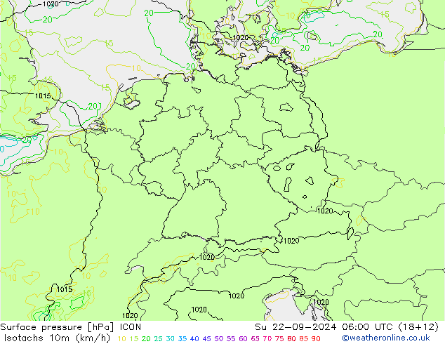 Isotachen (km/h) ICON So 22.09.2024 06 UTC