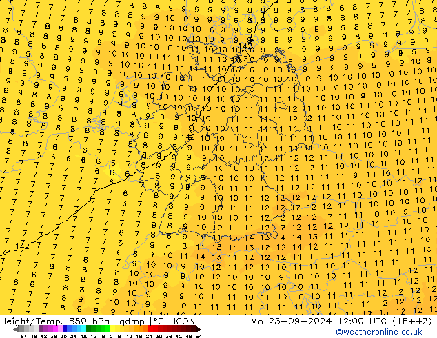 Yükseklik/Sıc. 850 hPa ICON Pzt 23.09.2024 12 UTC