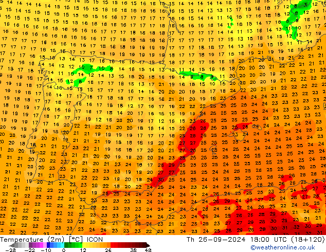 Temperaturkarte (2m) ICON Do 26.09.2024 18 UTC