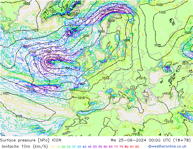 Isotachen (km/h) ICON Mi 25.09.2024 00 UTC