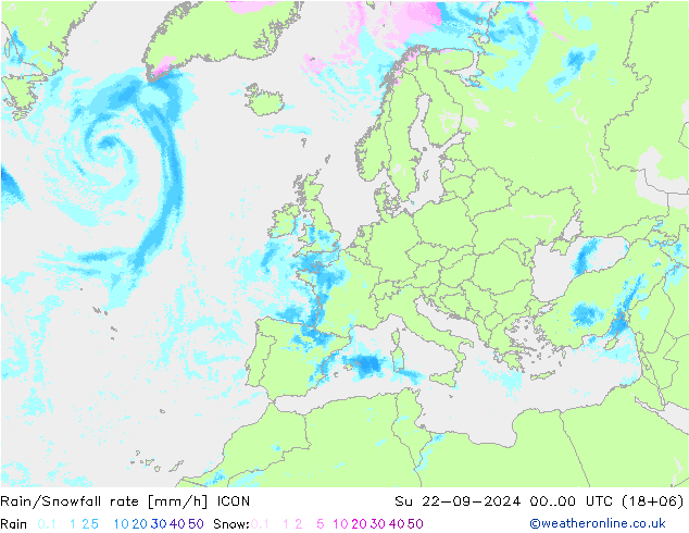 Rain/Snowfall rate ICON 星期日 22.09.2024 00 UTC