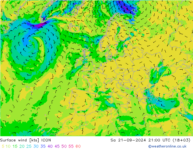 风 10 米 ICON 星期六 21.09.2024 21 UTC