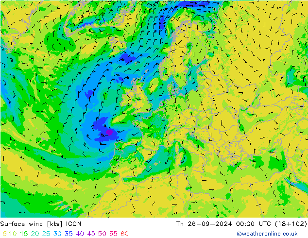 Surface wind ICON Čt 26.09.2024 00 UTC