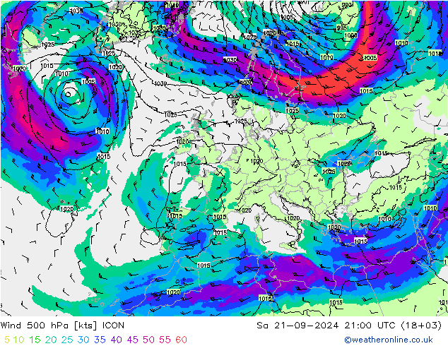 Wind 500 hPa ICON za 21.09.2024 21 UTC