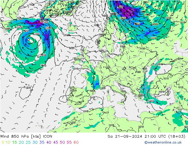 风 850 hPa ICON 星期六 21.09.2024 21 UTC