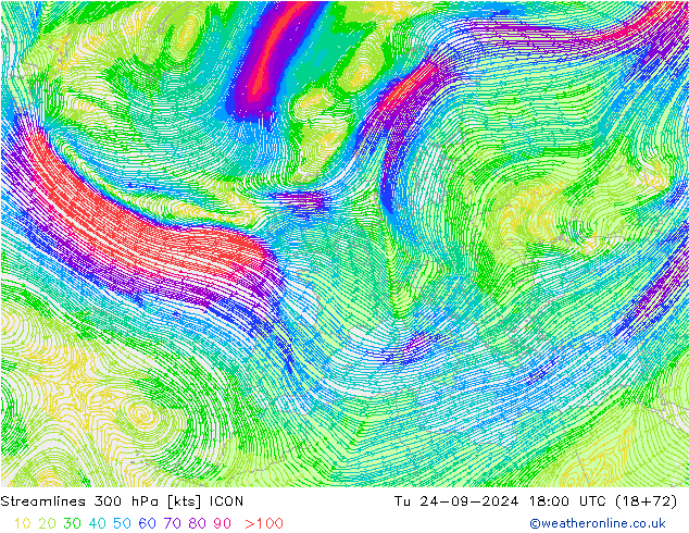 Streamlines 300 hPa ICON Tu 24.09.2024 18 UTC