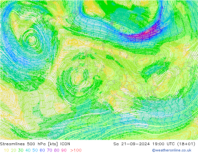 风 500 hPa ICON 星期六 21.09.2024 19 UTC