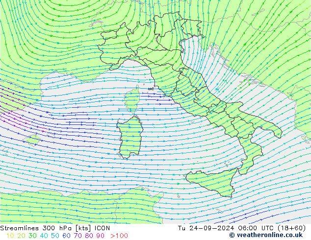 Streamlines 300 hPa ICON Tu 24.09.2024 06 UTC