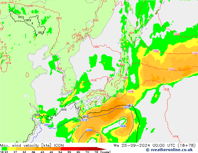 Max. wind velocity ICON mer 25.09.2024 00 UTC