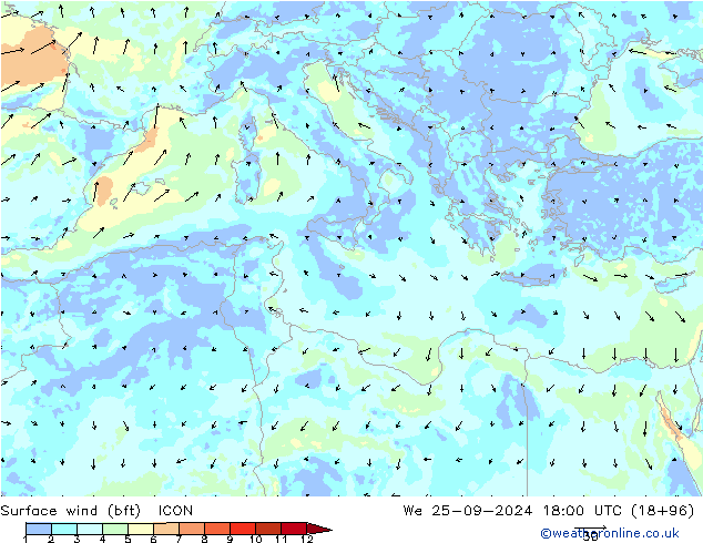 Surface wind (bft) ICON We 25.09.2024 18 UTC