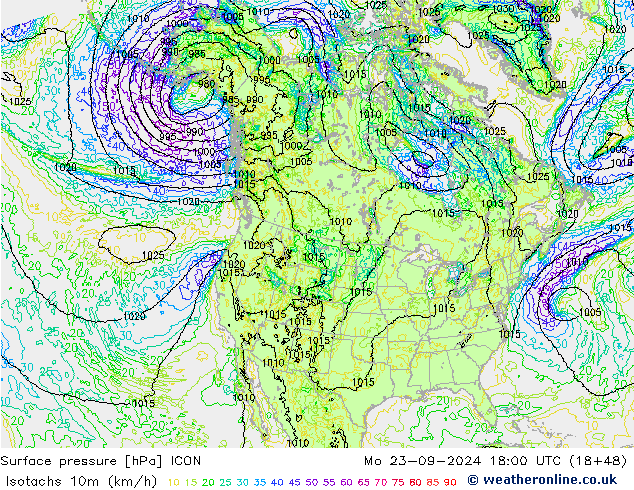 10米等风速线 (kph) ICON 星期一 23.09.2024 18 UTC