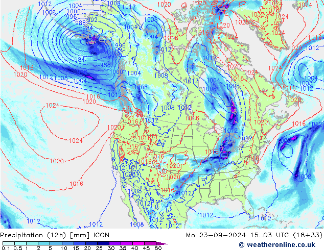 Precipitation (12h) ICON Mo 23.09.2024 03 UTC