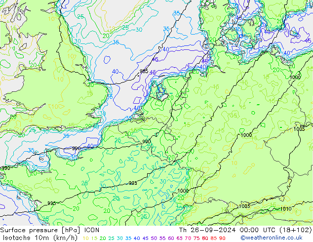 Isotachen (km/h) ICON Do 26.09.2024 00 UTC