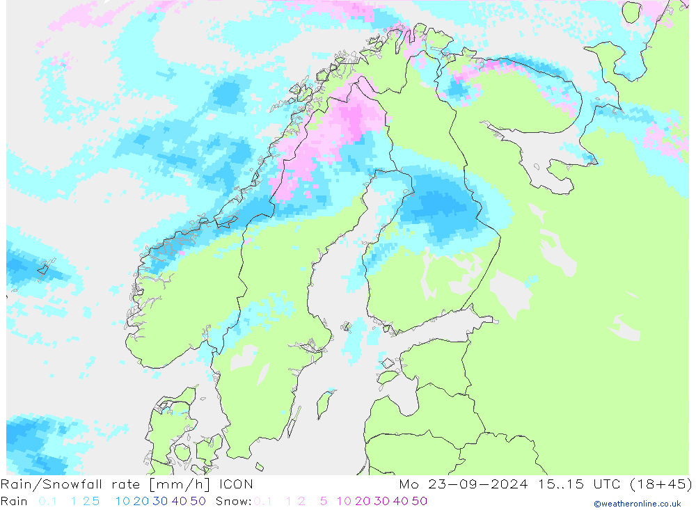 Rain/Snowfall rate ICON Mo 23.09.2024 15 UTC