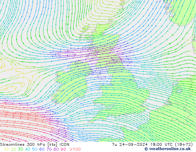 Linea di flusso 300 hPa ICON mar 24.09.2024 18 UTC