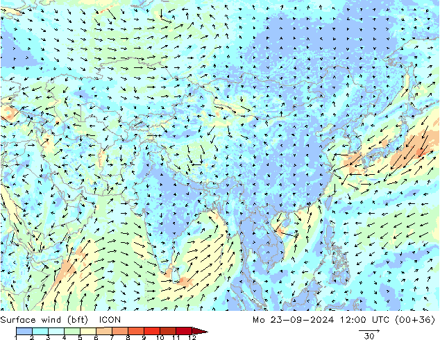 Bodenwind (bft) ICON Mo 23.09.2024 12 UTC