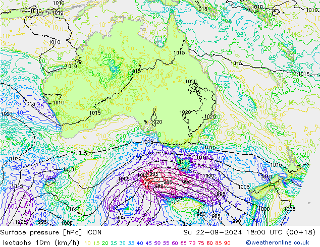 Isotachs (kph) ICON Dom 22.09.2024 18 UTC