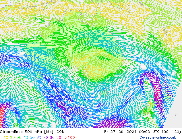 Stroomlijn 500 hPa ICON vr 27.09.2024 00 UTC