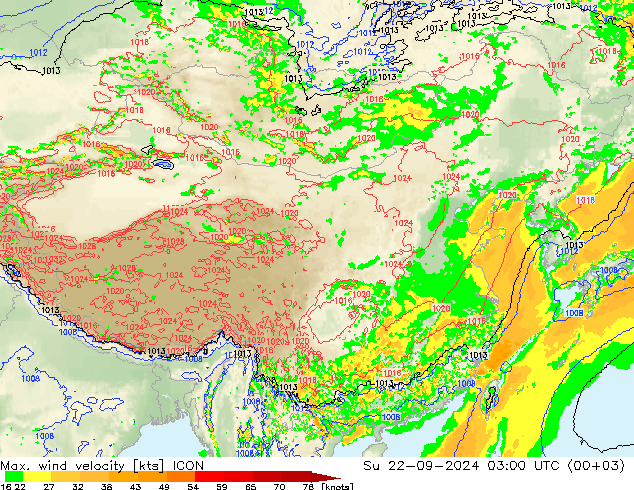 Max. wind velocity ICON 星期日 22.09.2024 03 UTC