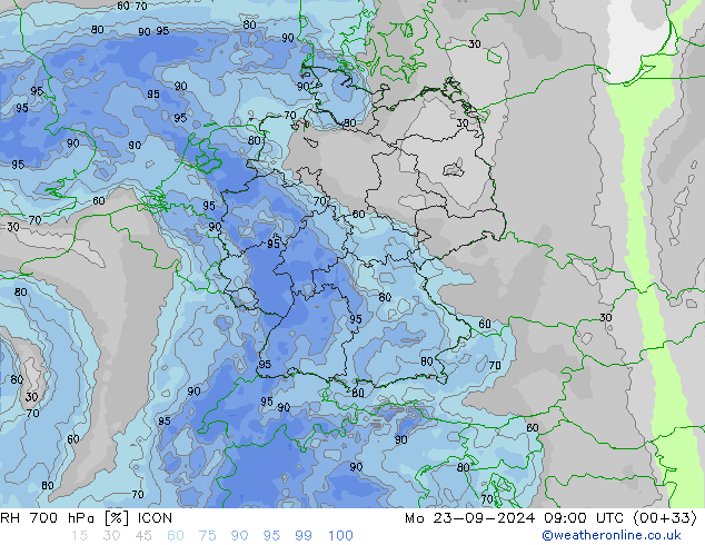 RH 700 hPa ICON Mo 23.09.2024 09 UTC