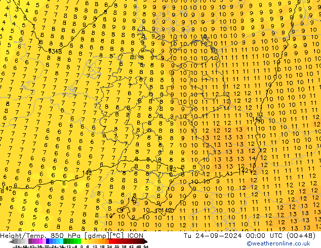 Hoogte/Temp. 850 hPa ICON di 24.09.2024 00 UTC