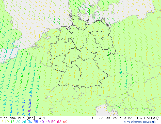 风 850 hPa ICON 星期日 22.09.2024 01 UTC