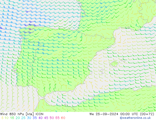 Vento 850 hPa ICON Qua 25.09.2024 00 UTC