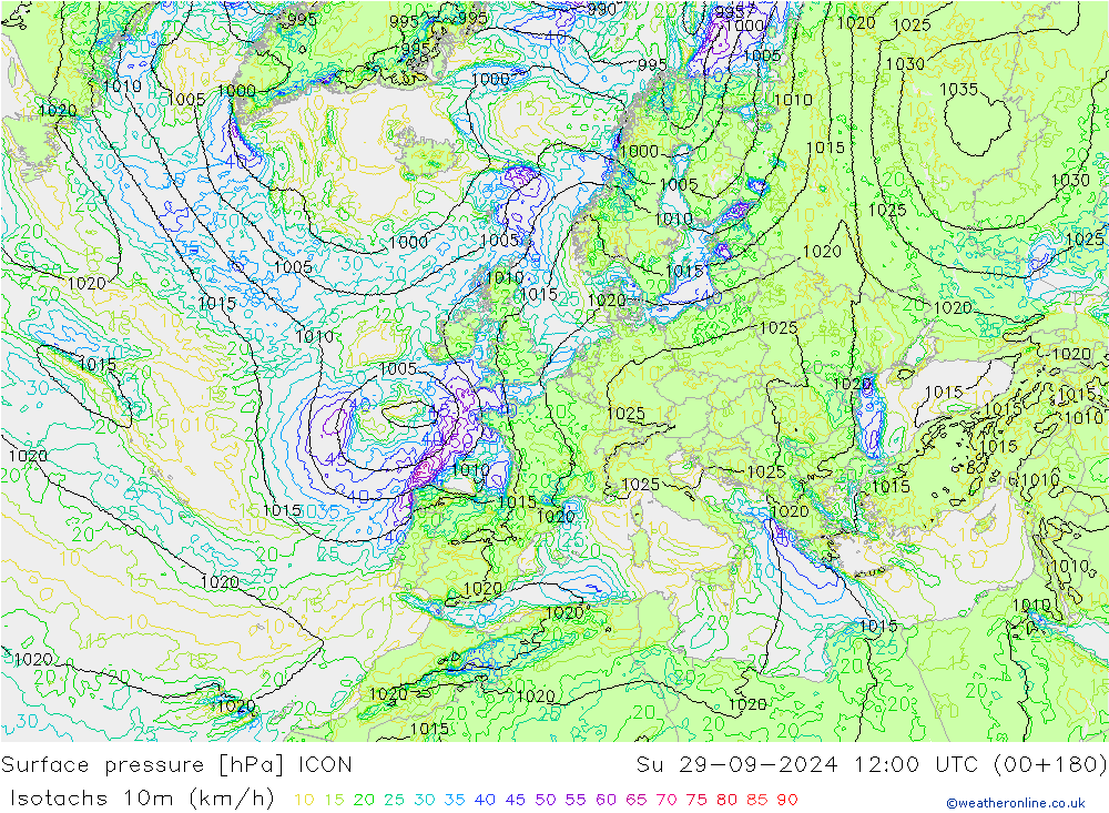 Isotachen (km/h) ICON zo 29.09.2024 12 UTC