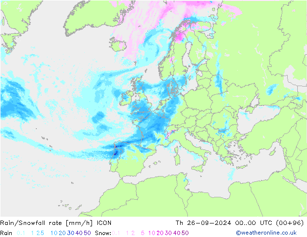 Rain/Snowfall rate ICON чт 26.09.2024 00 UTC