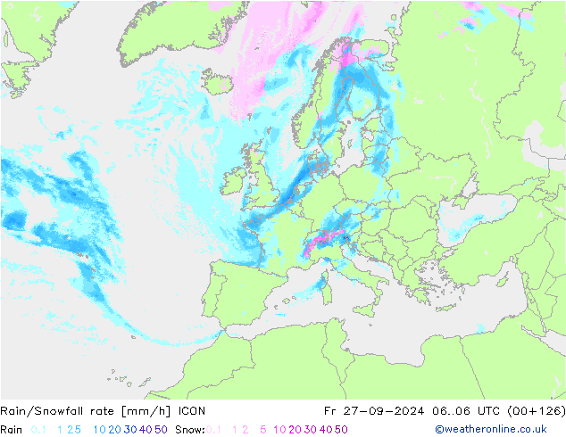 Rain/Snowfall rate ICON Fr 27.09.2024 06 UTC