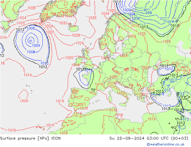 Surface pressure ICON Su 22.09.2024 03 UTC