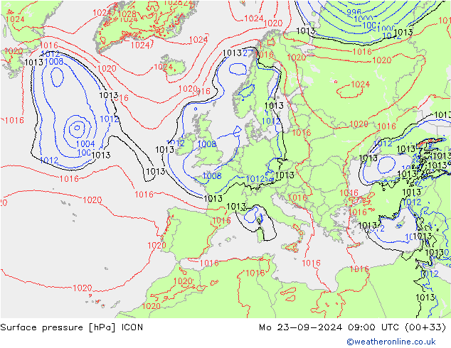 Pressione al suolo ICON lun 23.09.2024 09 UTC