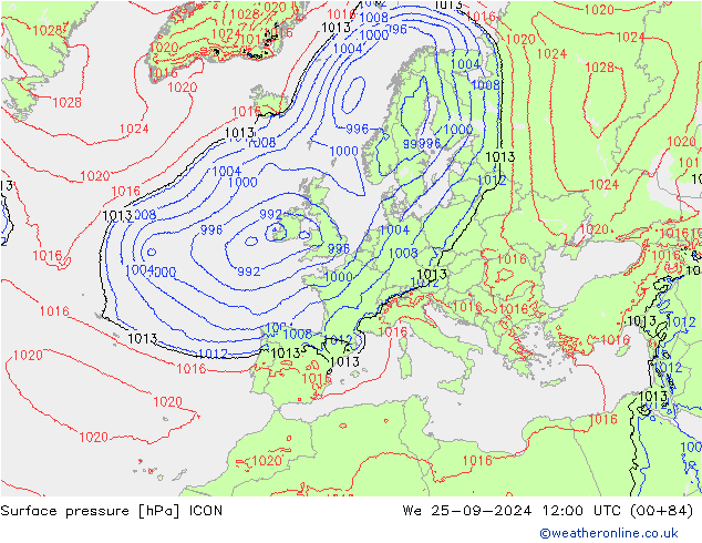 Surface pressure ICON We 25.09.2024 12 UTC