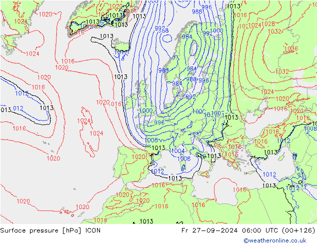 Luchtdruk (Grond) ICON vr 27.09.2024 06 UTC