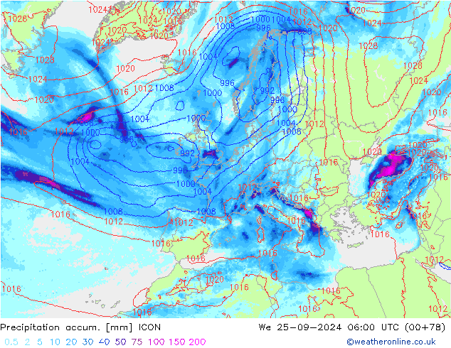 Precipitation accum. ICON We 25.09.2024 06 UTC