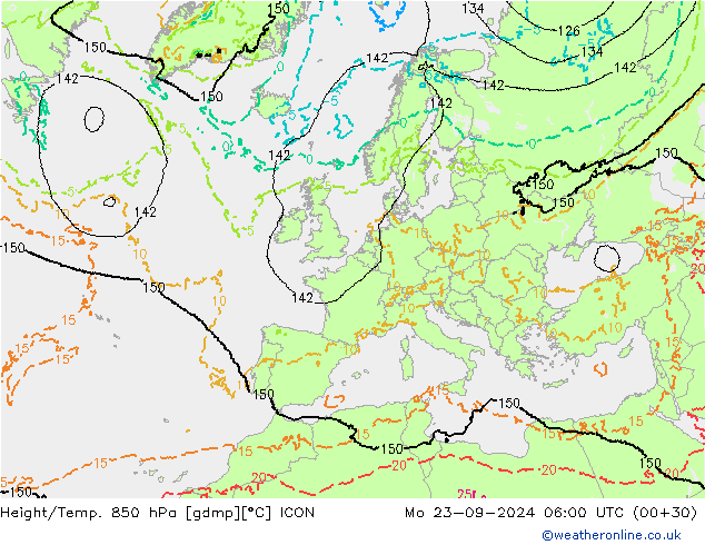 Height/Temp. 850 hPa ICON Mo 23.09.2024 06 UTC