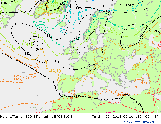 Height/Temp. 850 hPa ICON Di 24.09.2024 00 UTC