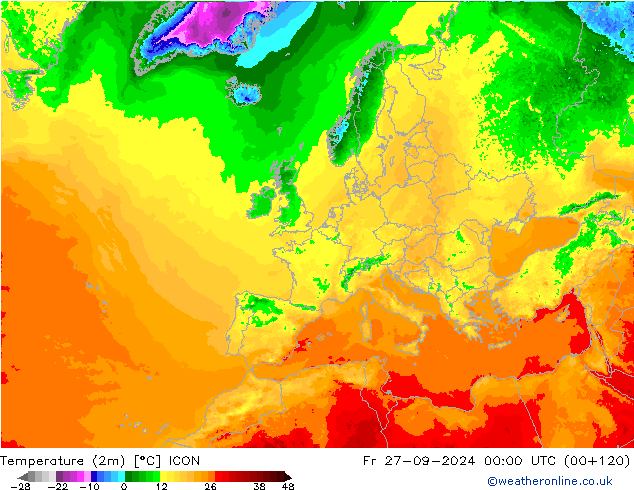 Temperaturkarte (2m) ICON Fr 27.09.2024 00 UTC