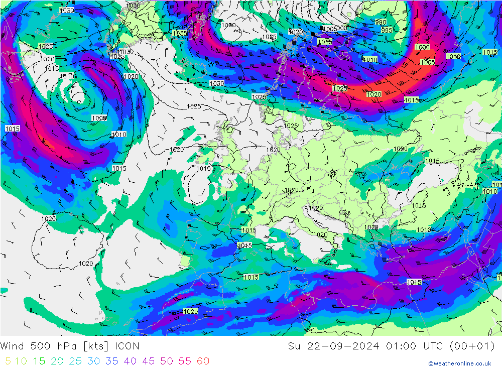 Wind 500 hPa ICON zo 22.09.2024 01 UTC