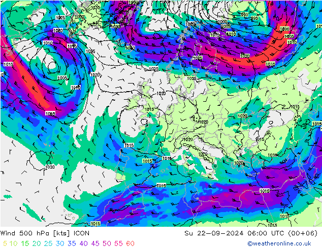 Viento 500 hPa ICON dom 22.09.2024 06 UTC