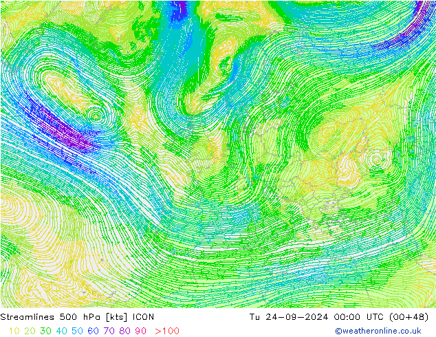 Streamlines 500 hPa ICON Tu 24.09.2024 00 UTC