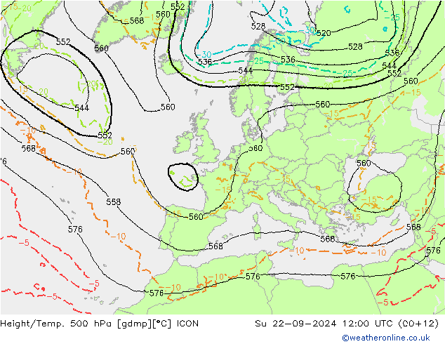 Height/Temp. 500 hPa ICON 星期日 22.09.2024 12 UTC