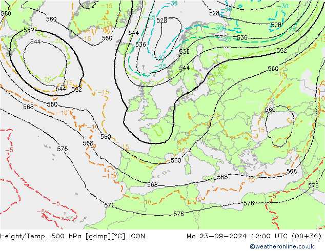 Height/Temp. 500 hPa ICON Mo 23.09.2024 12 UTC