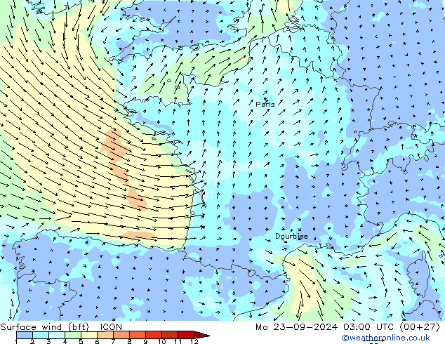 Vento 10 m (bft) ICON lun 23.09.2024 03 UTC