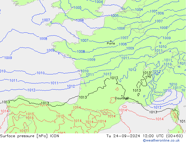 Surface pressure ICON Tu 24.09.2024 12 UTC