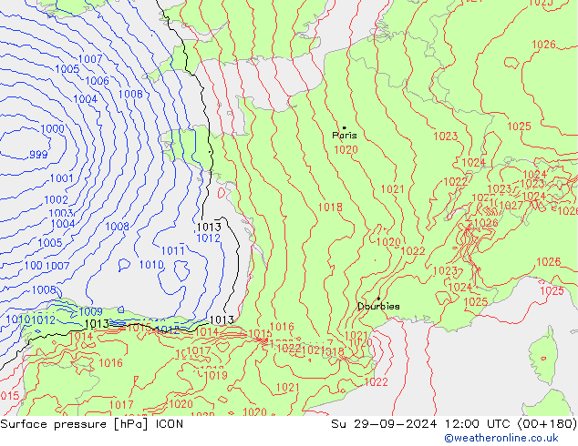 Surface pressure ICON Su 29.09.2024 12 UTC