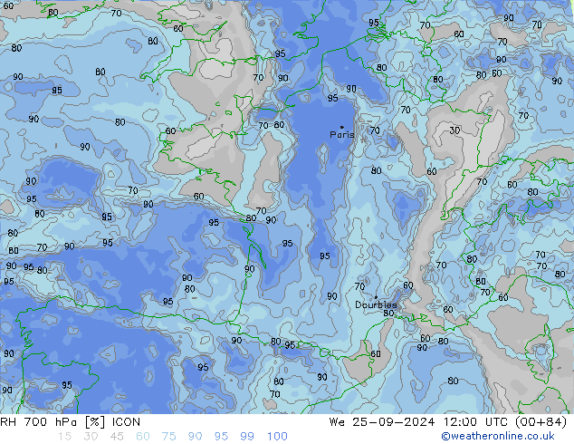 RH 700 гПа ICON ср 25.09.2024 12 UTC