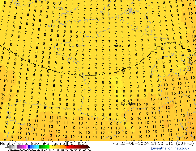 Hoogte/Temp. 850 hPa ICON ma 23.09.2024 21 UTC