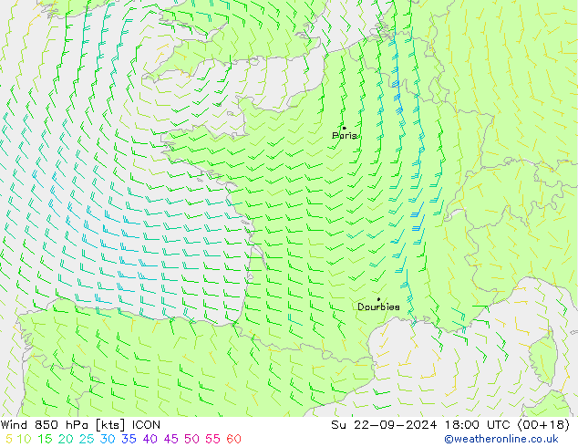 ветер 850 гПа ICON Вс 22.09.2024 18 UTC