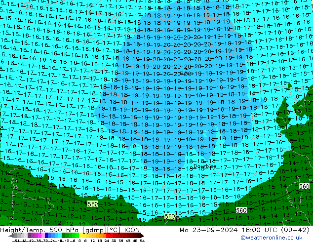 Height/Temp. 500 hPa ICON Mo 23.09.2024 18 UTC